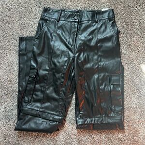 Black Faux Leather Cargo Pants
